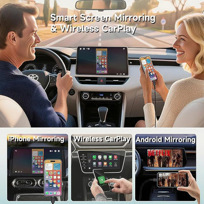 Car Screen Mirroring Adapter with Wireless CarPlay - Supports Watching Any App (YouTube, Net-flix, TikTok, etc.), Siri Control & Phone Charging, Compatible with Factory-CarPlay Equipped Vehicles.