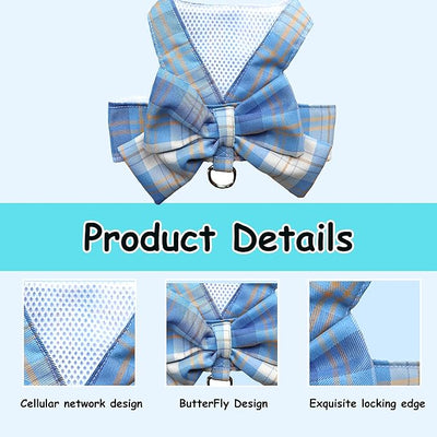 Plaid Dog Dress Bow Tie Harness Leash Set,Dog Clothes Harness Dress with Leash Ring for Small Dogs Girl, Puppy Princess Rabbit Clothes Chihuahua Yorkies Pet Outfits (Blue, X-Large)