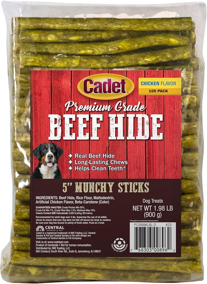 Premium Grade Rawhide for Dogs, Long-Lasting Munchy Sticks, Single-Ingredient Dog Chews, Chicken Flavor, 5-Inch, 100 Count