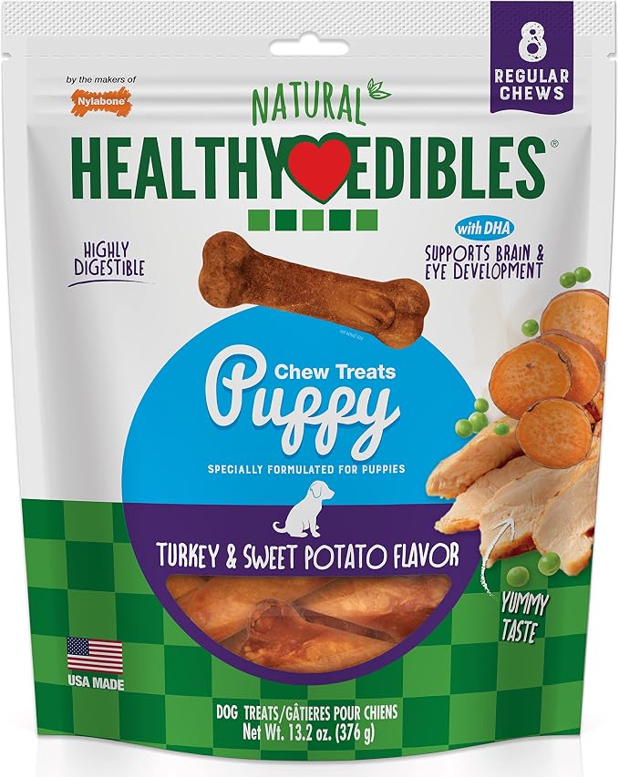 Healthy Edibles Natural Puppy Chews Long Lasting Treats for Puppies, Turkey & Sweet Potato Flavor, Small/Regular (8 Count)