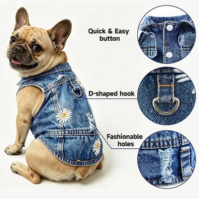 Dog Jean Jacket, Blue Denim Shirt Classic Lapel Vest Coat Costume Puppy T-Shirt, Comfort Tank Top Cool Apparel, Washed Pet Clothes for Dogs Boy Girl (Daisy Meadow with D-Ring, XX-Large)