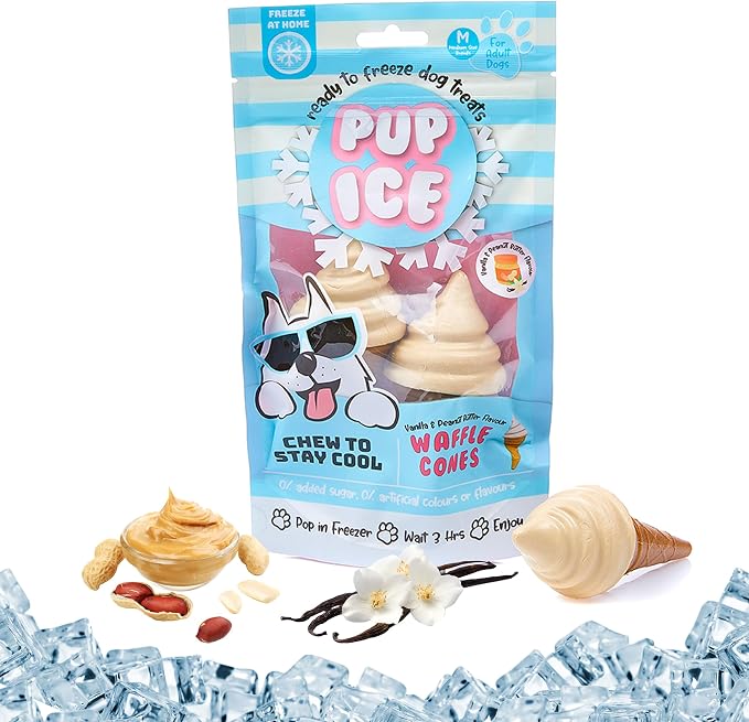 Pup Ice- Ready to Freeze at Home Dog Treats-Edible Chews for Medium Breed Dogs & Puppies with Real Chicken to Keep Your Pup Cool Year Round, Waffle Cone Vanilla and Peanut Flavor, 2pcs