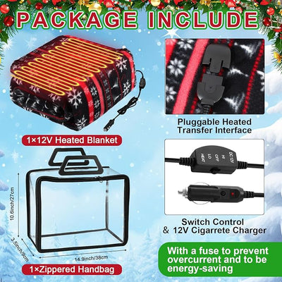 Tuanse 58 x 43 Inches 12 Volt Heated Car Blanket Plug in Portable Car Electric Blanket with Cigarette Lighter, Temperature Controller and Storage Bag for Rv Truck Traveling(Red Black,Snowflakes)