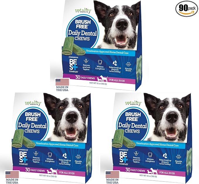 Vetality Brush Free Daily Dental Care Chews for Dogs | Cleans Teeth and Freshens Breath | 30 Count | B.E.S.T. Complex Provides Complete Oral Cleaning and Tartar Control (Pack of 3)