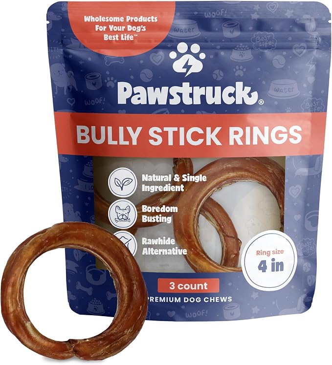 All-Natural 4" Bully Stick Rings for Dogs - Rawhide-Free, 100% Beef, Single Ingredient Dental Chew Bones - Fully Digestible, Low Odor - 3 Pack - Packaging May Vary