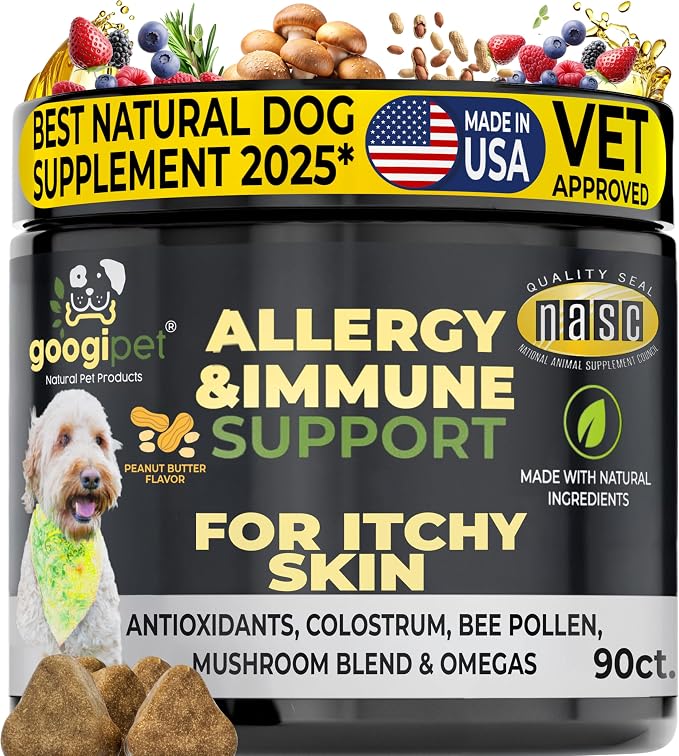 Googipet Dog Allergy Chews, Seasonal Dog Allergy Relief & Itchy Skin Relief, Skin & Coat Supplement Colostrum, Coconut Oil, Omega 3 Fish Oil, & Bee Pollen for Dogs Itch Relief (Peanut Butter Flavor)