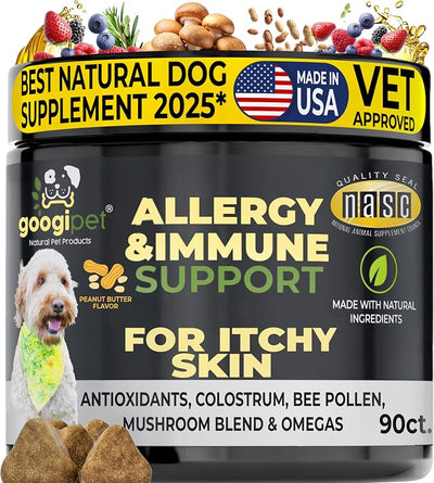 Googipet Dog Allergy Chews, Seasonal Dog Allergy Relief & Itchy Skin Relief, Skin & Coat Supplement Colostrum, Coconut Oil, Omega 3 Fish Oil, & Bee Pollen for Dogs Itch Relief (Peanut Butter Flavor)