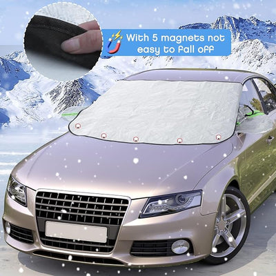 2-Piece Car Windshield Cover Set - All-Weather Front & Rear Protection with Magnetic Edges and Side Mirror Covers for Cars, Trucks, SUVs - Fits Most Vehicles (Regular,Silver)