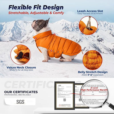 SPACE LION Dog Puffer Jacket, Down Winter Coat, Durable Outdoor Coat for Cold and Windy Conditions, Lightweight & Adjustable Fit Coats for Medium & Large Dogs, (Orange, Size20/XL)