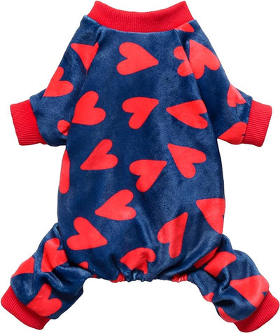 Fitwarm Valentines Day Sweet Hearts Dog Pajamas, Dog Winter Clothes for Small Dogs Girl Boy, Lightweight Velvet Pet Jumpsuit, Cat Onesie, Dark Blue, Red, Medium