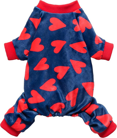 Fitwarm Valentines Day Sweet Hearts Dog Pajamas, Dog Winter Clothes for Small Dogs Girl Boy, Lightweight Velvet Pet Jumpsuit, Cat Onesie, Dark Blue, Red, Small
