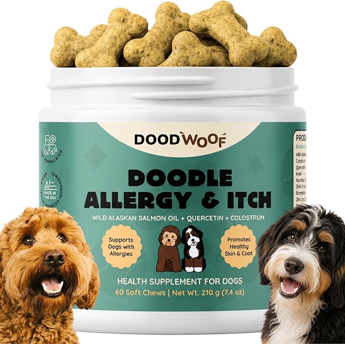 Dog Allergy Chews - Itch Relief for Doodles - Vet Formulated - 60 Count Soft Chew Supplement - Skin and Seasonal Allergy Support