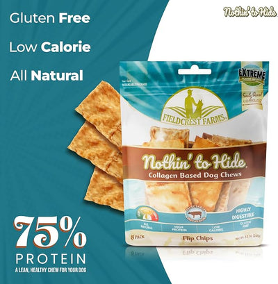 Fieldcrest Farms Nothin to Hide Flip Chips Dog Chews - Natural Rawhide Alternative Treats for Dogs, Collagen Based Snack for Moderate Chewers Up to 35lbs, Beef Flavor - 2 Packs (16 Chips)