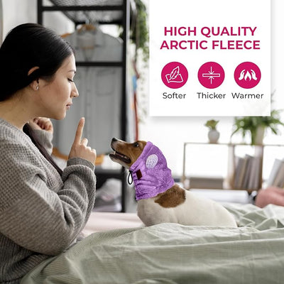 Dog Ear Muffs Noise Protection - Soft Calming Hood for Anxiety Relief, Fireworks, Thunder, Grooming & Vet Visits - Elastic Band & Comfortable Neck Warmer for Travel (Purple, Large)