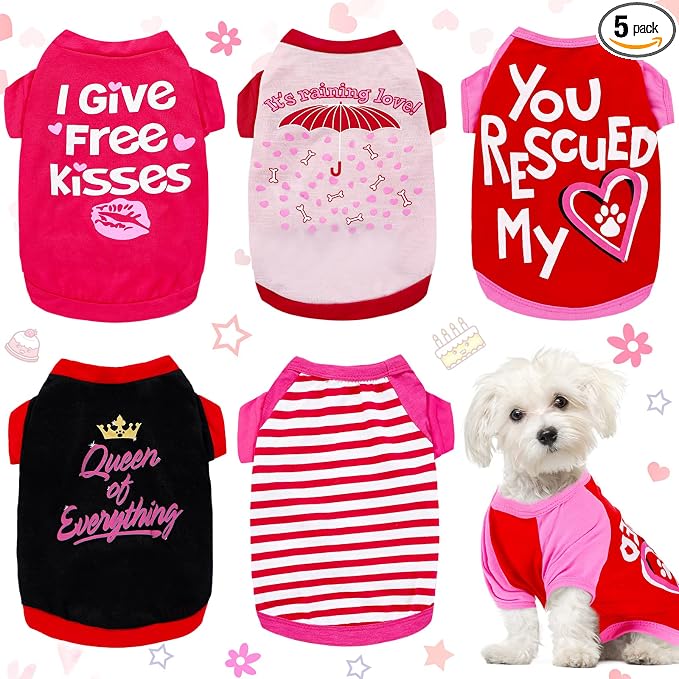 5 Pieces Valentine‘s Day Dog Shirt for Small Dogs Girl Small Dog Puppy Clothes for Chihuahua Yorkie Bulldog Schnauzer Breathable Shirt Vest(Medium)