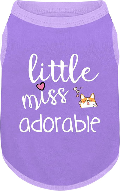 Cotton Dog Shirt with 'Little Miss Adorable' Corgi Head Print, Soft & Breathable Pet Apparel for Small, Medium, and Large Dogs, All-Season Sleeveless Vest, Cute and Comfortable Dog Outfit.Purple M