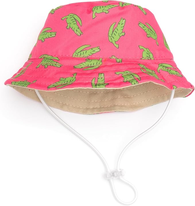 THE WORTHY DOG Alligators Bucket Hat for Dogs – Lightweight Pet Sun Hat with Adjustable Chin Strap, Soft Brim & Bright Colors -Pink, Large
