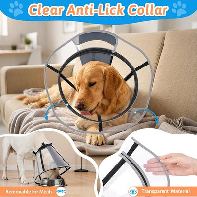 Extended Dog Cone to Stop Licking, Adjustable Depth, Transparent Recovery Collar for Large Medium Dogs, Soft E-Collar After Surgery Neuter with Reflective Strip for Night Visibility M