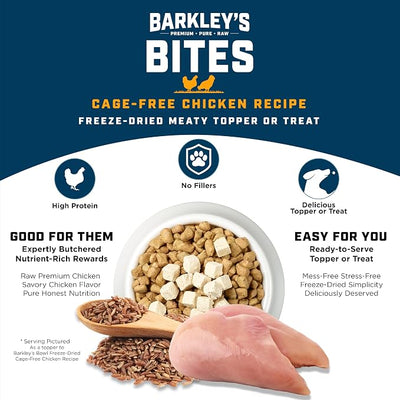 Barkley’s Bag Chicken Bites, Freeze Dried Dog Treats & Food Topper, Made with Chicken and Brown Rice, Small Bite-Sized Pieces for Training Rewards, for All Dog Breeds, Ages & Sizes, 4 Oz Bag (6 Pack)