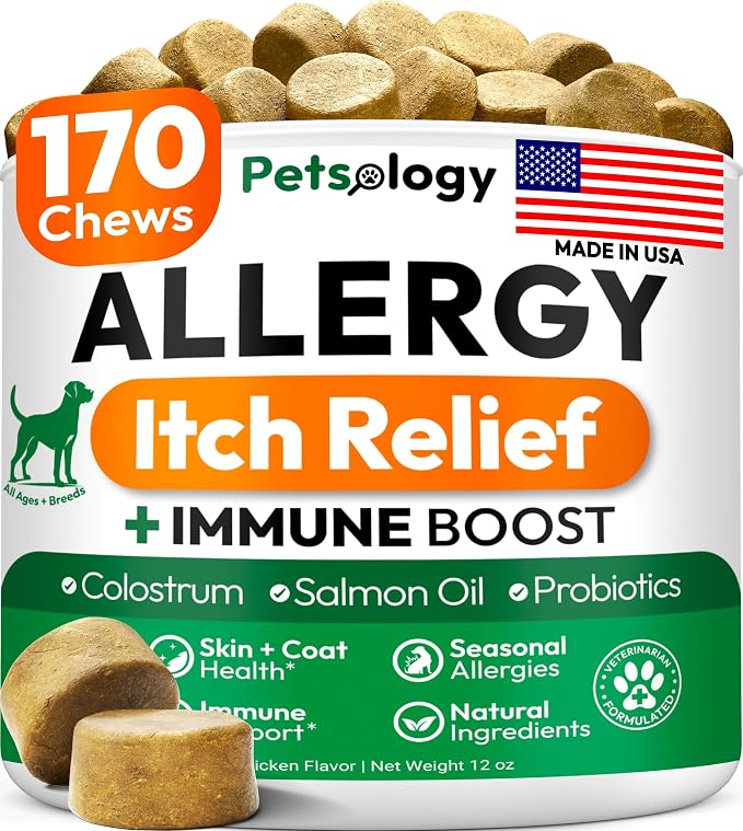 Dog Allergy Relief Chews - 170 Dog Allergy Chews - Itch Relief for Dogs - Omega 3 Fish Oil, Probiotics for Itchy Skin & Hot Spots Allergies, Paw Licking - Dry Skin & Coat Supplement - Immune Health