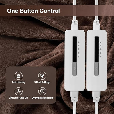 Eydna Electric Heated Blanket Queen Size 84"x90", Soft Plush Microplush for Bed, Dual Controllers & Heating Zones, 10Hs Auto Off & 5 Heating Levels, Machine Washable, Gifts for Womens-Dark Brown