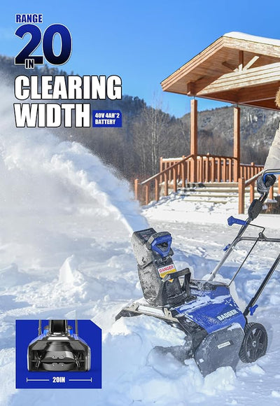 Wild Badger Power Snow Blower 40V ProLine 20" Cordless,26 FT Throw,16-Driveway,Brushless Single-Stage,2 * 4.0Ah Battery & Fast Charger,LED Lights,Lightweight for Driveways & Sidewalks