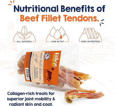 Riley's Beef Tendon Strips - Single Ingredient & Low Odor Beef Tendons for Dogs - Tendon Chews for Dogs Promotes Dental Health - All Natural Dog Treat for Small & Medium Breeds (4-6 inch, 12 Sticks)