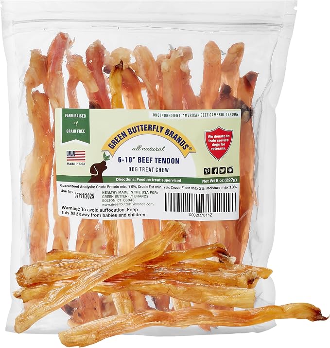 Beef Tendons for Dogs Made in USA. 6-10 Inch Grass Fed Farm-Raised American Beef Dog Treats. All Natural Dog Dental Chews. Grain Free Odor-Free Chews 8 Ounce