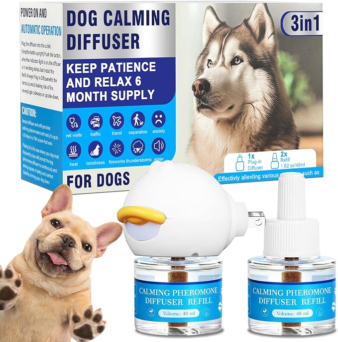 Dog Calming Diffuser, Dog Pheromone Diffuser for Dogs, Plug-in Calming Kit for Barking, Chewing, Pee Accidents, Thunderstorms, Travel & New Home, 700 Sq Ft, 1 Plug-in + 2 Refills