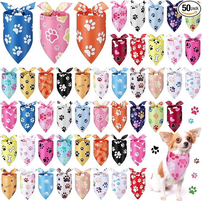 50 Pcs Paw Print Dog Bandanas Bulk Cute Footprint Bandanas for Dogs Triangle Kerchief Bib Scarf for Pets National Dog Day Party Costume Photo Props Accessories Pet Shops (31.5 x 21.7 x 21.7)