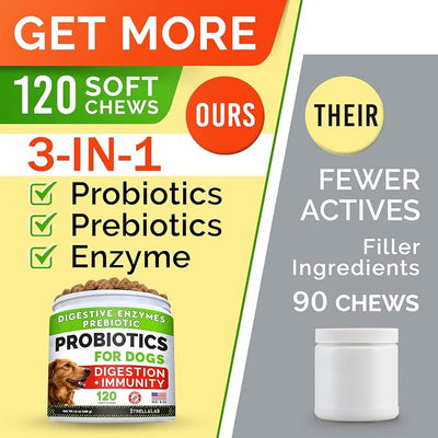 StrellaLab Dog Probiotics Treats for Picky Eaters - Digestive Enzymes + Prebiotics - Chewable Fiber Supplement - Allergy, Diarrhea, Gas, Constipation, Upset Stomach Relief - Improve Digestion&Immunity