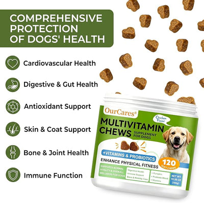 Dog Multivitamin Chewable - Vitamins and Supplements - Dog Daily Vitamin with Glucosamine Probiotics Omega-3 for Coat Hip Joint Heart Digestive Immune Health Support, Chicken Flavor, 120Ct
