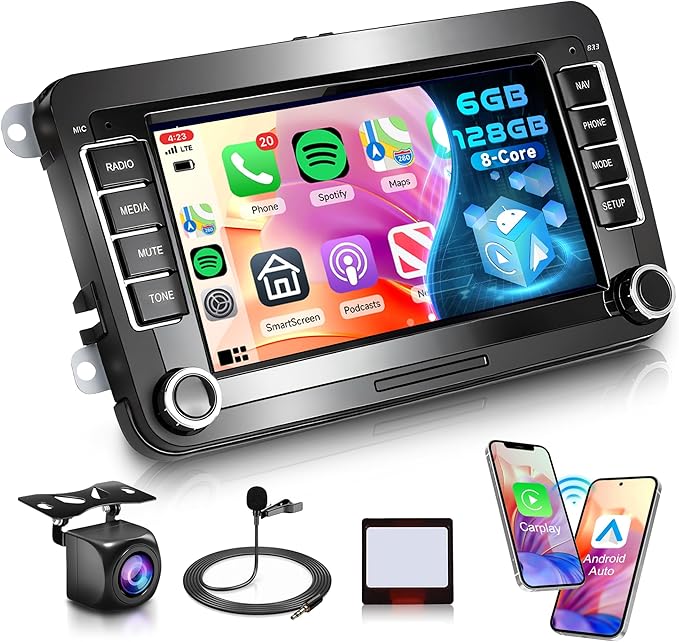 8 Core 6+128G Android Car Radio for VW Passat Golf MK5 MK6 Jetta T5 EOS Polo Touran Seat Sharan Wireless Carplay Android Auto, 7'' Touchscreen Car Radio with GPS Bluetooth WiFi FM/RDS DSP Rear Camera