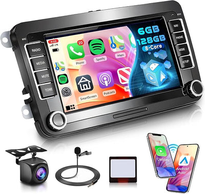 8 Core 6+128G Android Car Radio for VW Passat Golf MK5 MK6 Jetta T5 EOS Polo Touran Seat Sharan Wireless Carplay Android Auto, 7'' Touchscreen Car Radio with GPS Bluetooth WiFi FM/RDS DSP Rear Camera
