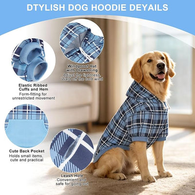 EXPAWLORER Plaid Dog Hoodie - British Style Warm Dog Sweater Shirt with Leash Hole,Pitbull Clothes Outfits,Winter Coat Apparel for All Breeds Puppy Girl Boy-Cat Apparel,Blue X-Large