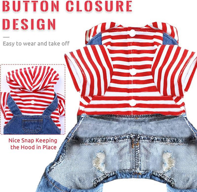 Small Dog Hoodie Clothes Cute Stripe Shirts Denim Jumpsuit One-Piece Outfit for Small Medium Dogs Cats Boy Girl Chihuahua Blue Jeans Overalls Puppy Costume (Red,XL)