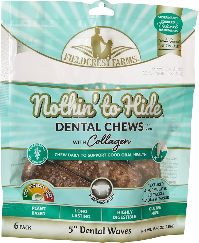 Fieldcrest Farms Dental Chews for Dogs, Wave (5inches, 6count Pack) – Tackles Plaque, Tartar, Promotes Dental Health – w/Collagen, Gluten-Free, for Aggressive Chewers up to 25 lbs
