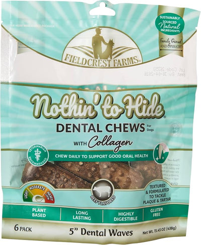 Fieldcrest Farms Dental Chews for Dogs, Wave (5inches, 6count Pack) – Tackles Plaque, Tartar, Promotes Dental Health – w/Collagen, Gluten-Free, for Aggressive Chewers up to 25 lbs