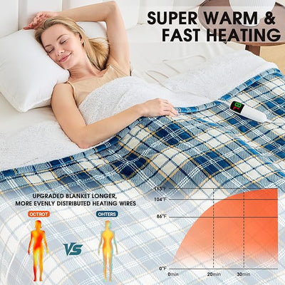 Heated Blanket Electric Throw 50X60 Heating Blanket with 10 Heating Levels 8 Hours Auto Off, Blue Plaid Sherpa Blankets Winter Warmer, Home Decor for Couch Bed Office,Gifts for Mom, Women,Washable