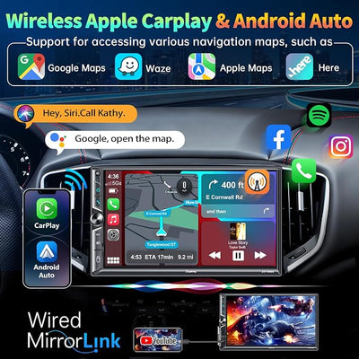 7" Double Din Car Stereo Compatible with Wireless Apple CarPlay & Android Auto, 240W 4.2-Channel Dual Subwoofer Ports, Touchscreen, Bluetooth 5.3, Mirrorlink, Backup Camera, FM/AM Car Radio