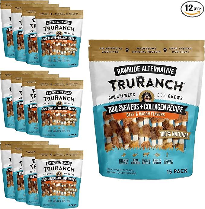 TRURANCH 5" BBQ Collagen Skewers - Collagen Dog Chews - Long Lasting Healthy Joint Support - Rawhide Alternative - Skin & Coat Health, Value Pack, 12 Bags, 225 Count