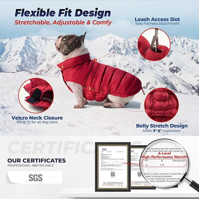 SPACE LION Dog Puffer Jacket, Down Winter Coat, Durable Outdoor Coat for Cold and Windy Conditions, Lightweight & Adjustable Fit Coats for Large Dogs,(Red, Size26/3XL)