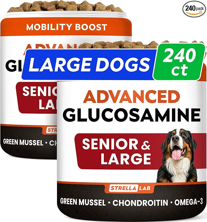 Advanced Glucosamine Hip & Joint Supplement for Senior Dogs - Green Lipped Mussel & Collagen - Hip & Joint Pain Relief - Large & Small Breed - Joint Health - Bacon - 240 Chews