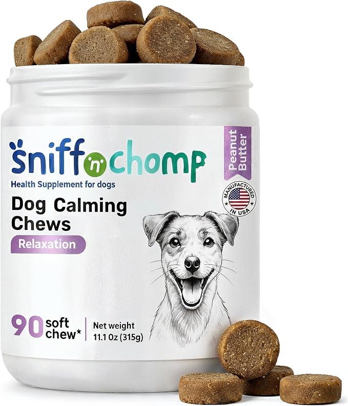 SNIFF N' CHOMP Dog Calming Chews, Peanut Butter Flavor, Natural Anxiety Relief with L-Theanine Chamomile Valerian Melatonin, Stress Support for All Breeds, Calming Dog Treats | 90 Soft Chews