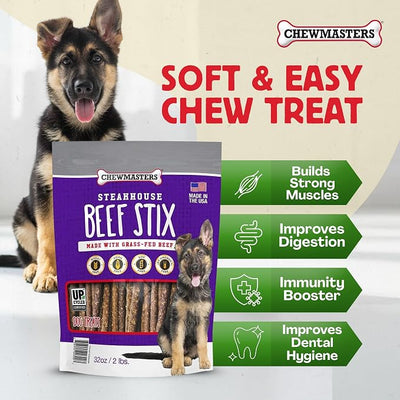 Chewmasters Beef Stix - Grass-Fed Beef Dog Treats, Soft Chewy Real Meat, Healthy Dog Treats for Training Rewards, Grain-Free, No Corn, Soy, and Additives, Made in USA, 2 lb
