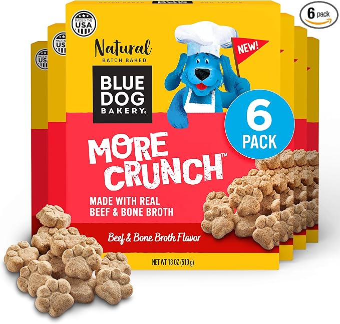 Blue Dog Bakery More Crunch Medium Beef & Bone Broth Dog Treats, Dog Biscuits for Large Breeds, Healthy Treats, All Natural, 18 oz (Pack of 6)