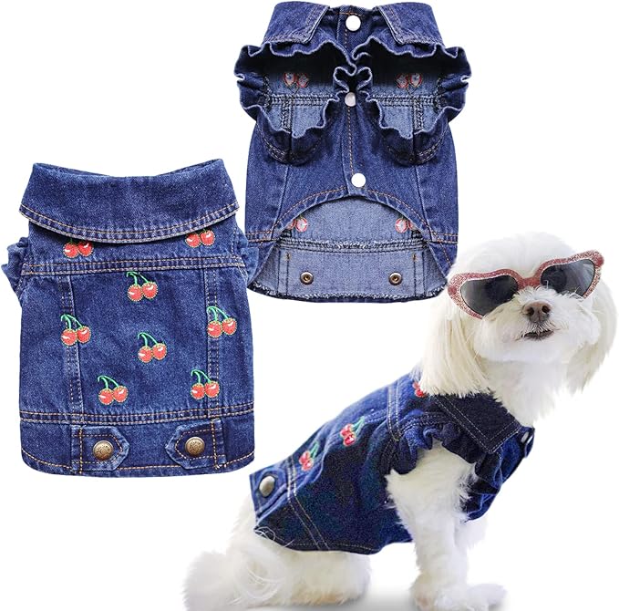 SILD Pet Clothes Dog Jeans Jacket Cool Blue Denim Coat Small Medium Dogs Lapel Vests Classic Puppy Hoodies (S, Cherry)