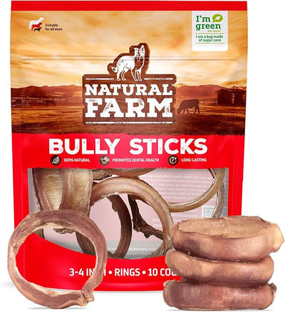 Natural Farm Odor Free Bully Sticks Ring Shaped (3-4 Inch, 10 Pack) - 100% Beef Chews for More Engagement & Fun, Grass-Fed, Non-GMO, Fully Digestible - Best for Small & Medium Chewers