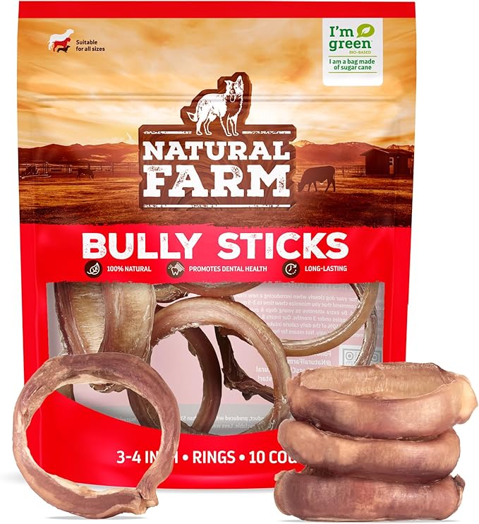 Odor Free Bully Sticks Ring Shaped (3-4 Inch, 10 Pack) - 100% Beef Chews for More Engagement & Fun, Grass-Fed, Non-GMO, Fully Digestible - Best for Small & Medium Chewers