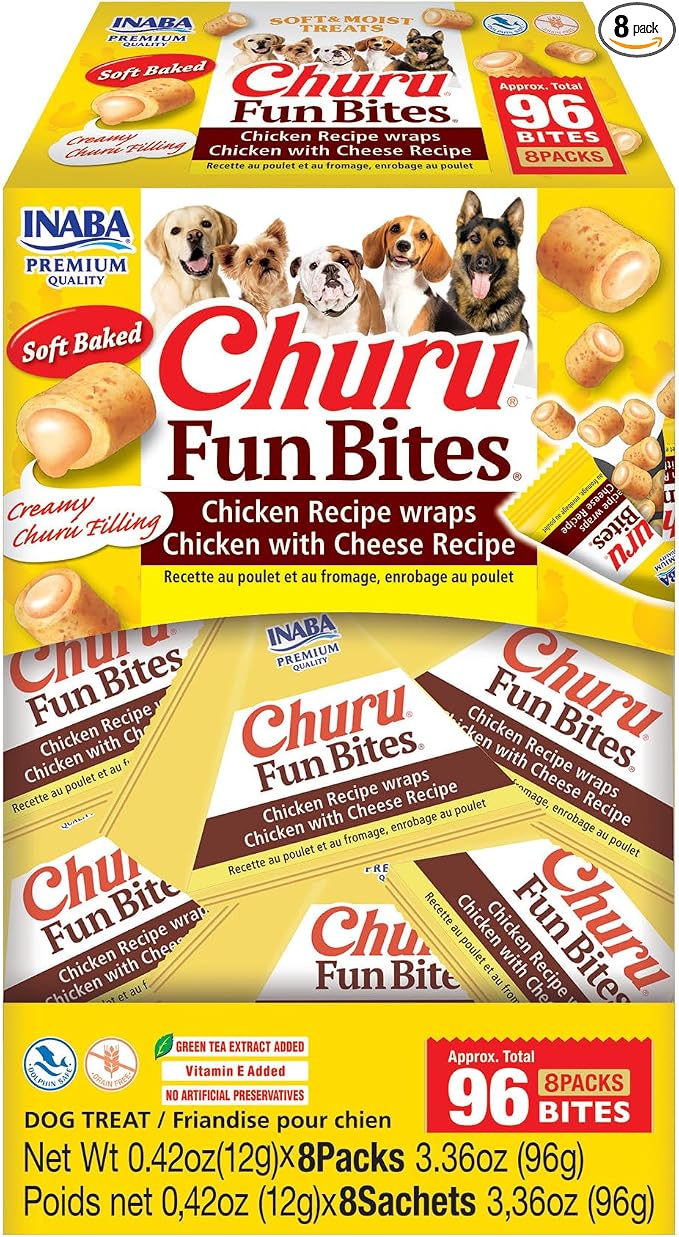 Churu Fun Bites for Dogs, Soft & Chewy Dog Treats with Vitamin E, 0.42 Ounces per Tetra, 8 Tetras per Box, Chicken with Cheese Recipe
